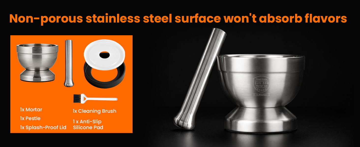 Aihomo 304 Stainless Steel Mortar and Pestle Set with Lid — detail image 6