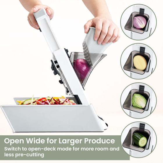 ZELIND 2-in-1 Mandoline Slicer, Upright and Open-Deck Vegetable Cutter, Adjustable Slices and Julienne Strips, White