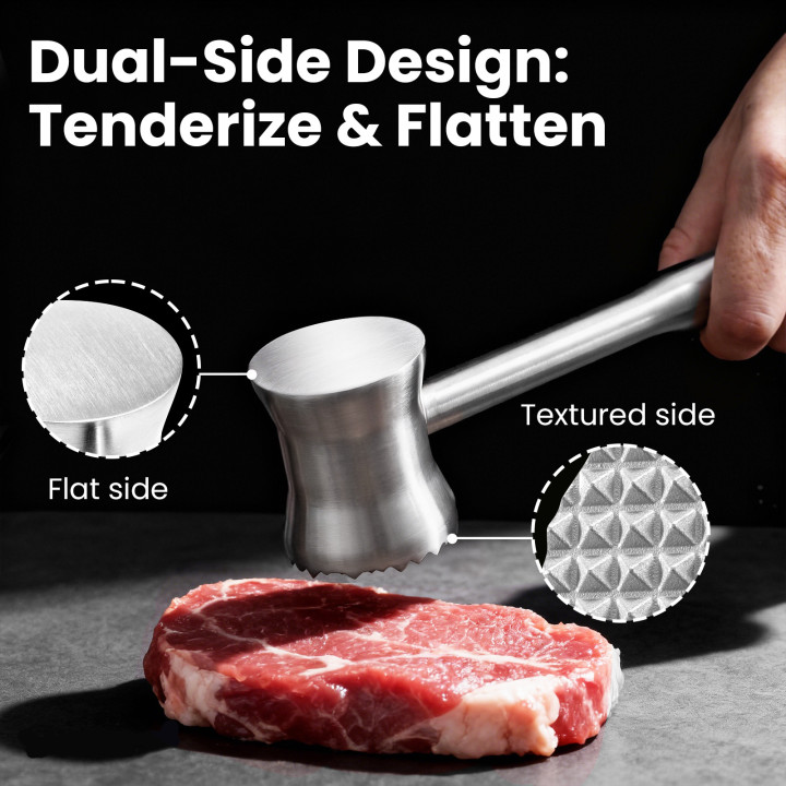 Aihomo waisted dual-sided meat tenderiser showing its smooth and textured faces