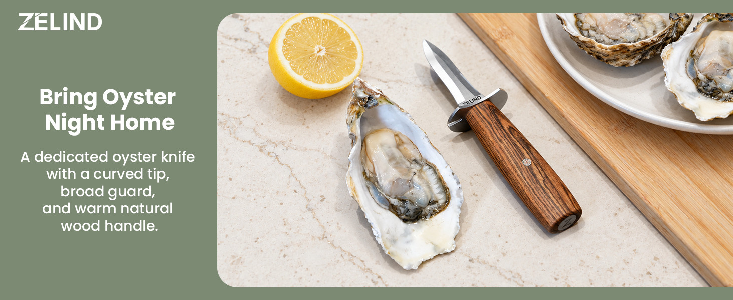 ZELIND oyster knife with a wood handle and broad guard beside opened oysters and lemon.