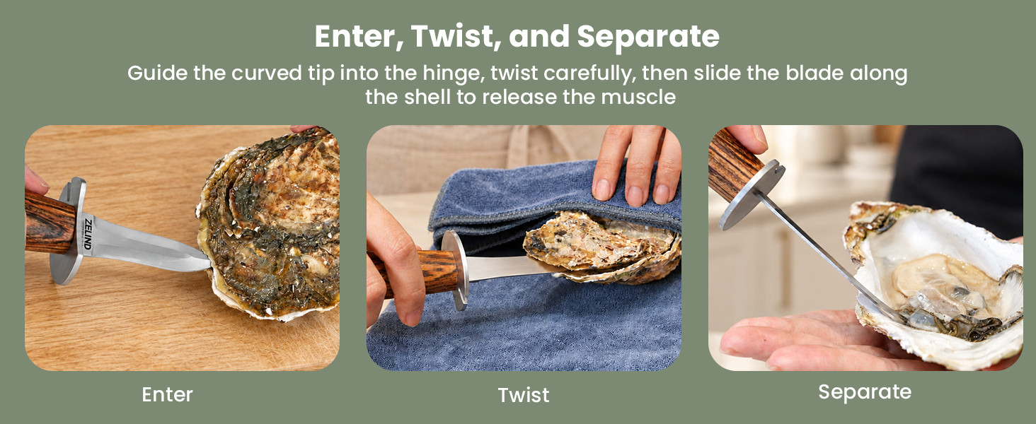Three oyster-shucking steps: enter the hinge, twist carefully, and separate the oyster from its shell.