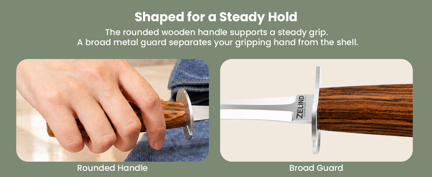 A hand grips the rounded wooden handle; a close-up shows the broad metal guard.