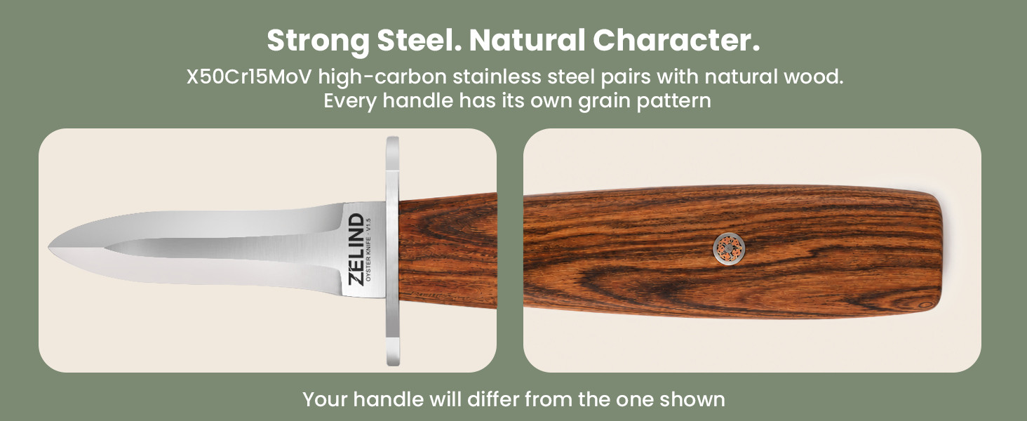 Close-ups of the oyster knife’s steel blade and natural wood grain with a decorative pin.