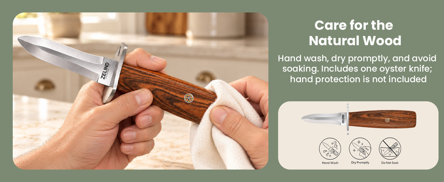The wooden handle is wiped dry; care icons show hand wash, dry promptly, and do not soak.