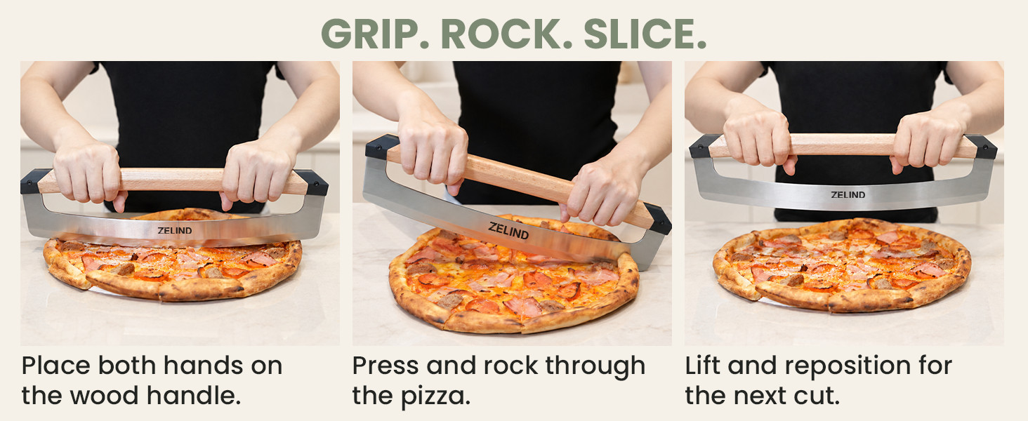 Three steps show both hands gripping the handle, rocking through pizza, and lifting the cutter.