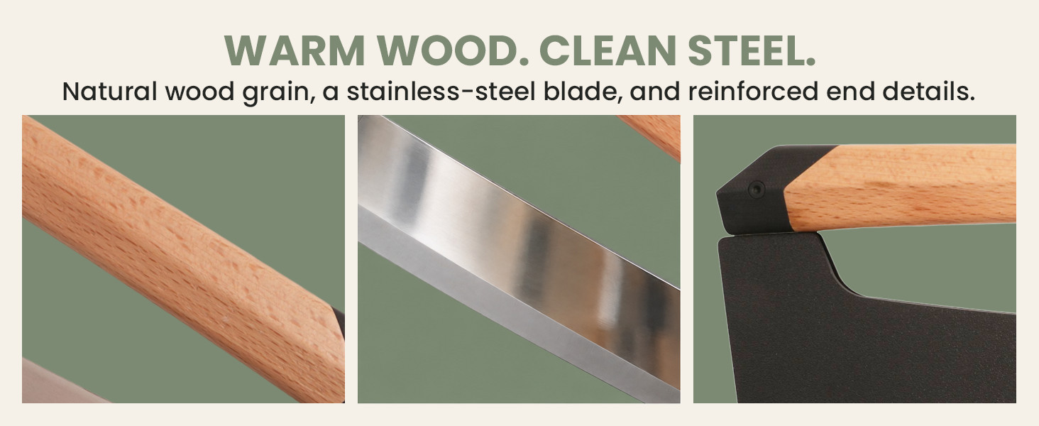 Detail views of the wood grain, steel blade, and black end connections on the pizza rocker.