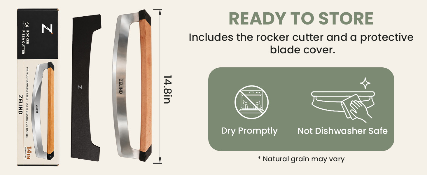 Pizza rocker, fitted blade cover, and box; the care panel says dry promptly and do not use a dishwasher.