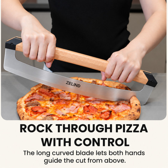 ZELIND 14-Inch Pizza Cutter Rocker Blade with Beechwood Handle and Cover