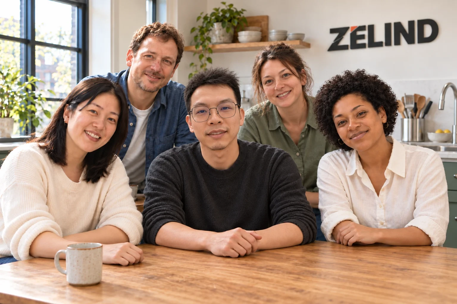 Five members of the ZELIND team gathered around a wooden kitchen table